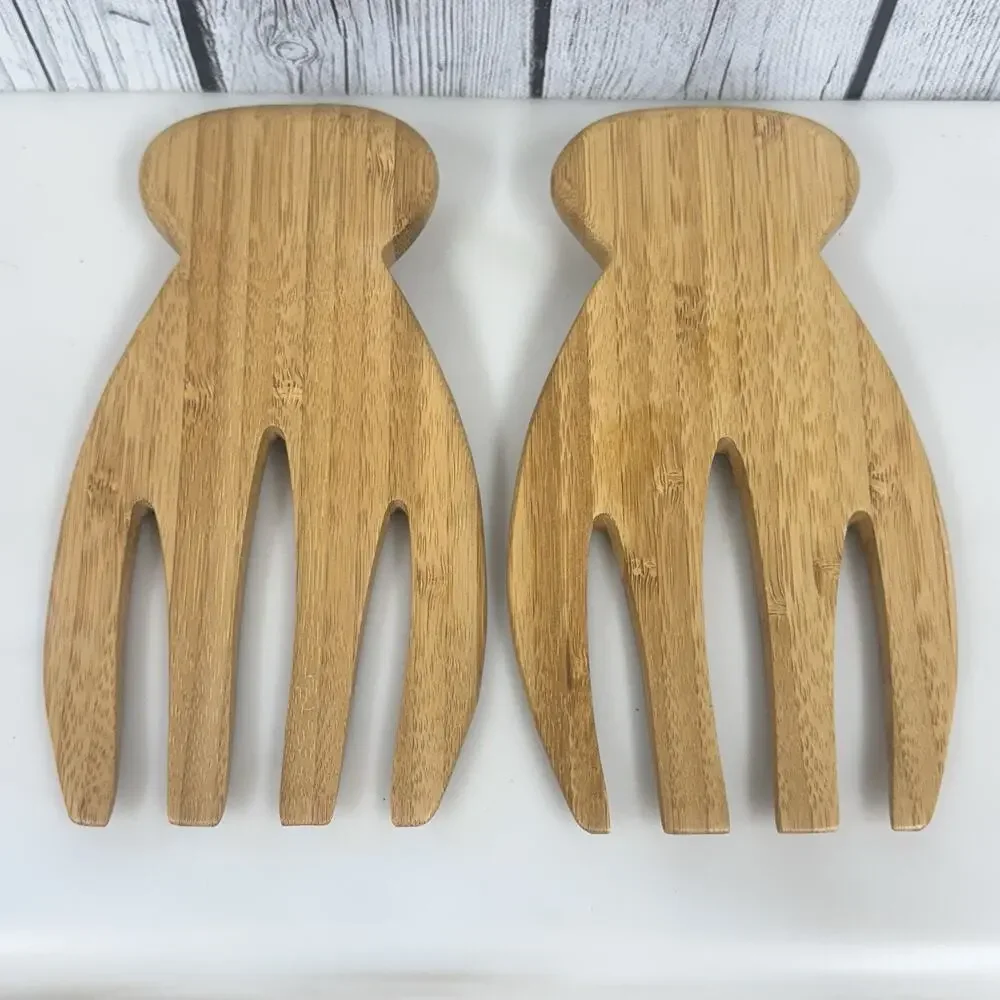 Bamboo Salad Hands Servers Tongs Set of 2 Natural Wood Kitchen Utensil